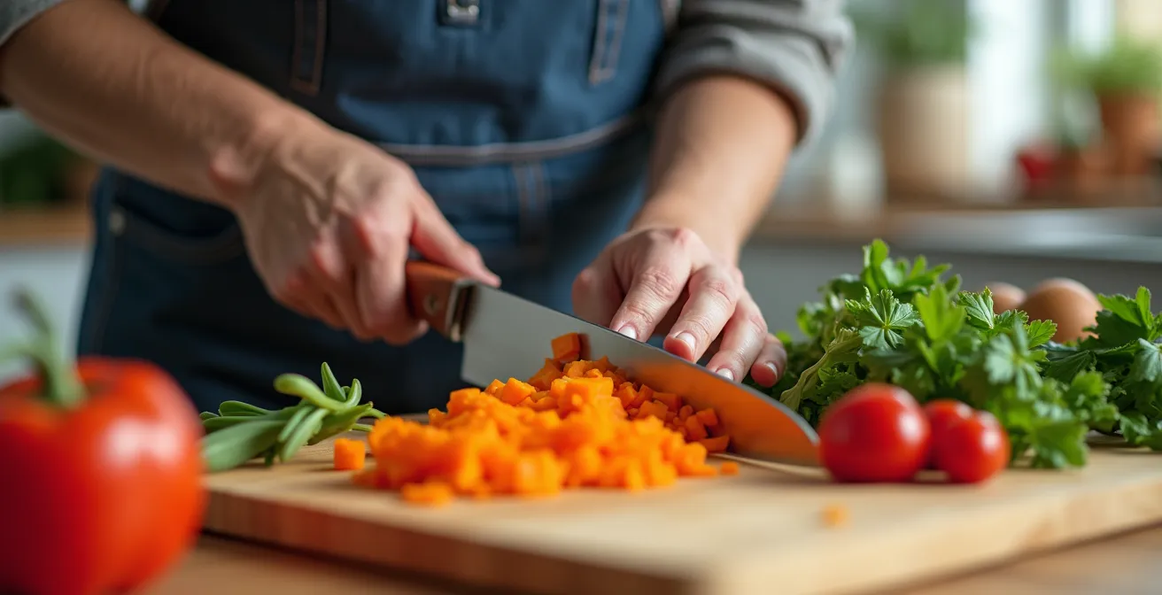 Mains de senior préparant un repas dans une cuisine moderne et lumineuse