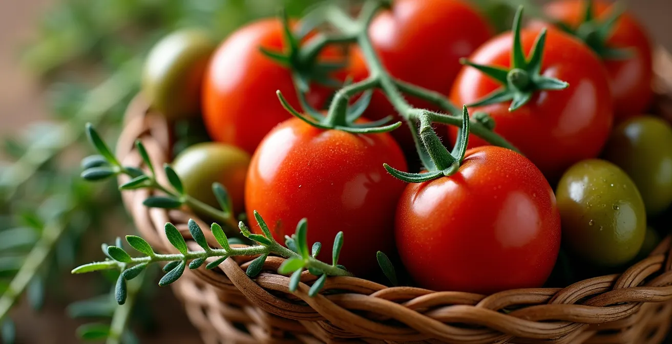 Gros plan sur étals colorés d'un marché provençal avec tomates, olives et herbes aromatiques