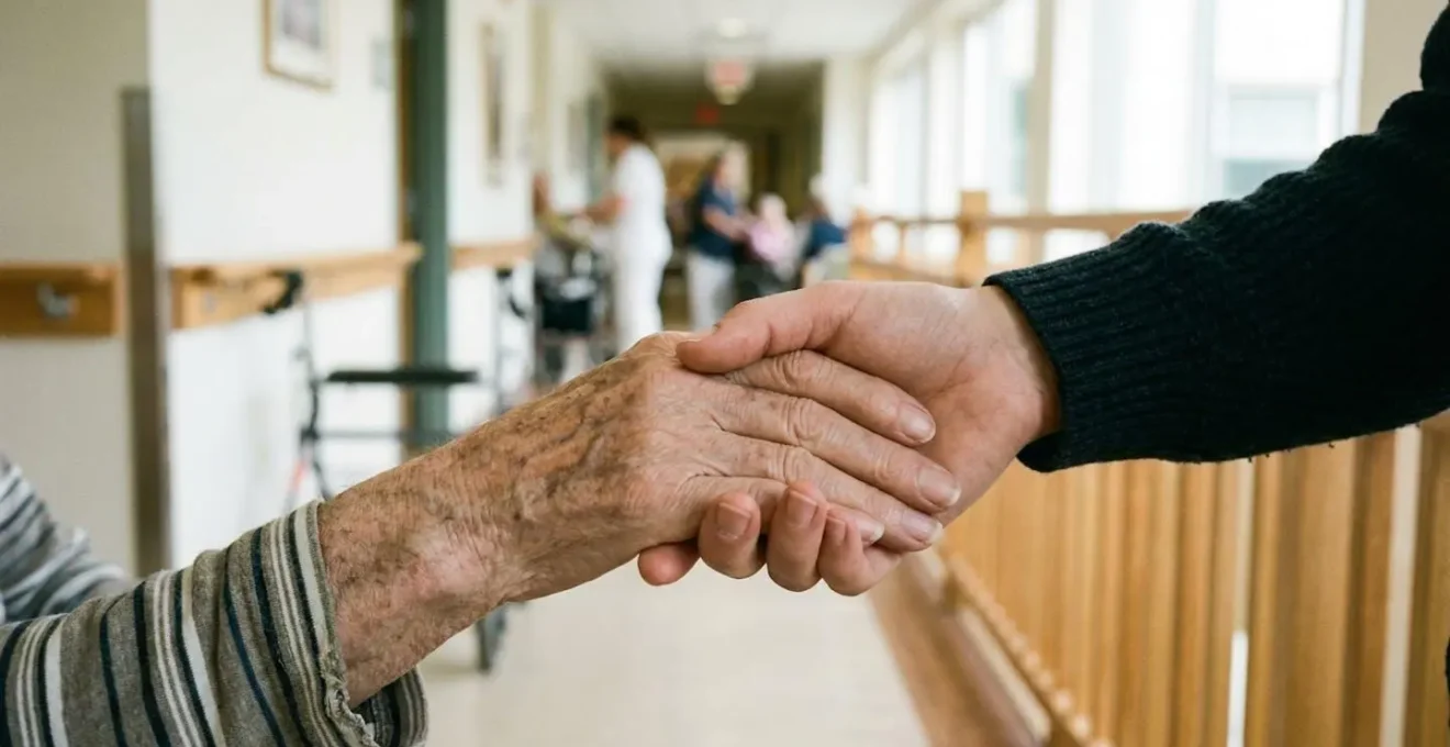 Main d'une personne âgée tenant la main d'un proche dans un couloir lumineux de maison de retraite
