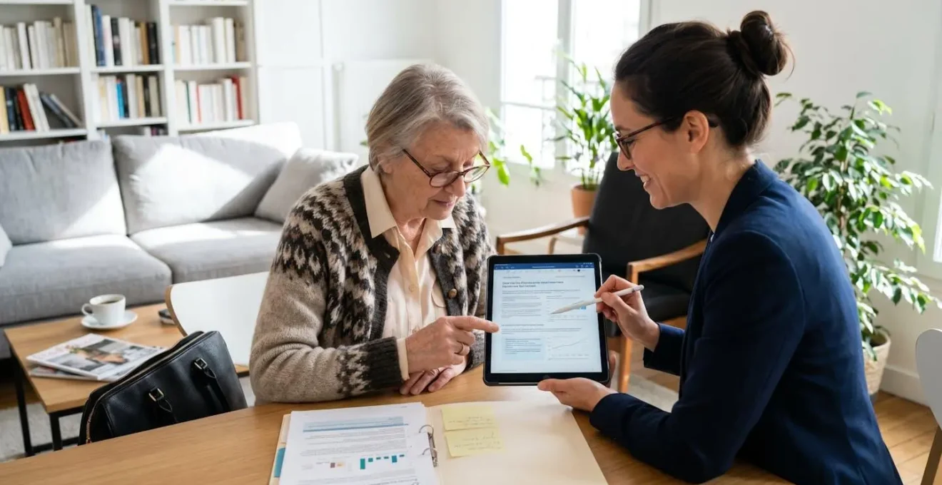 Une conseillère et une femme senior assises côte à côte consultent des documents sur une tablette dans un salon moderne lumineux