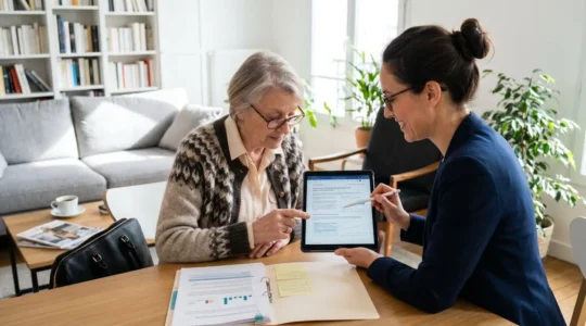 Une conseillère et une femme senior assises côte à côte consultent des documents sur une tablette dans un salon moderne lumineux