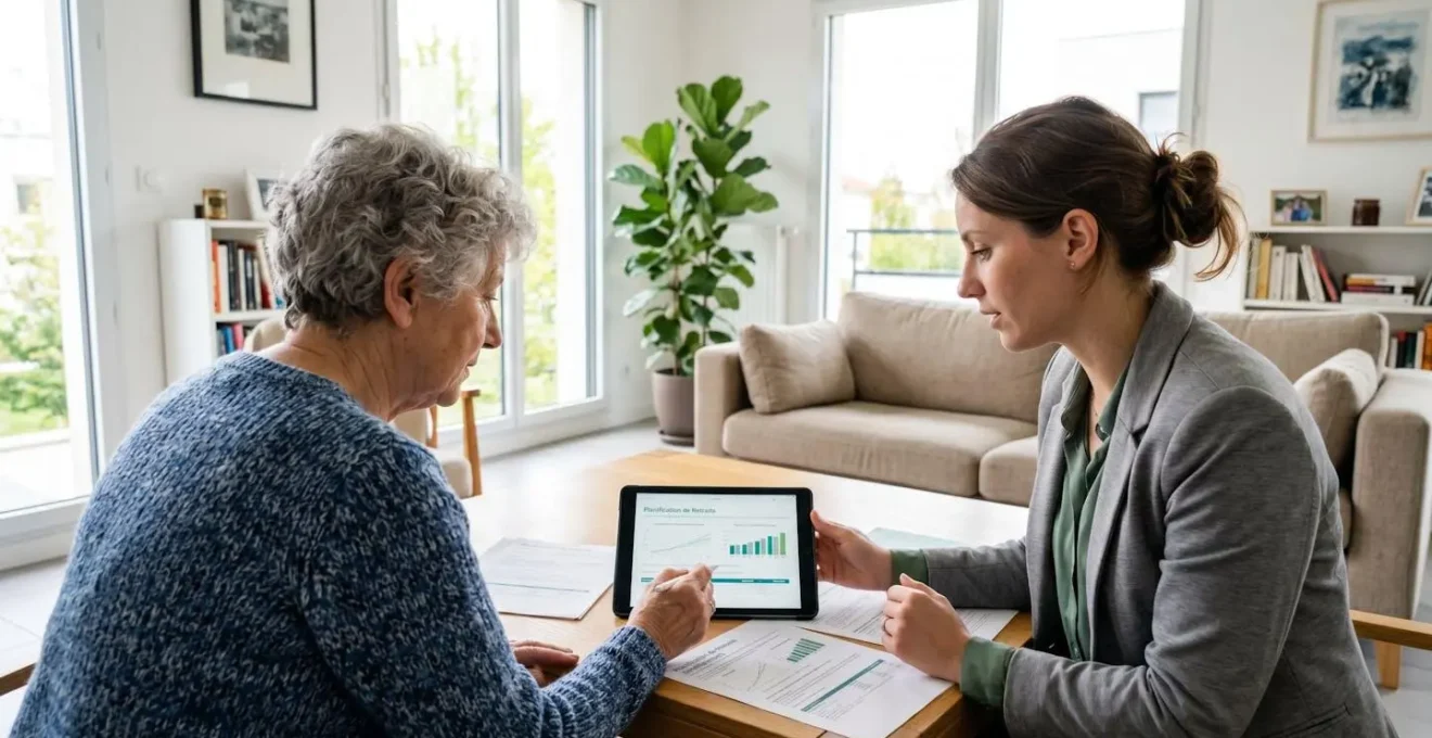 Une conseillère et une femme senior assises côte à côte consultent des documents sur une tablette dans un salon moderne lumineux