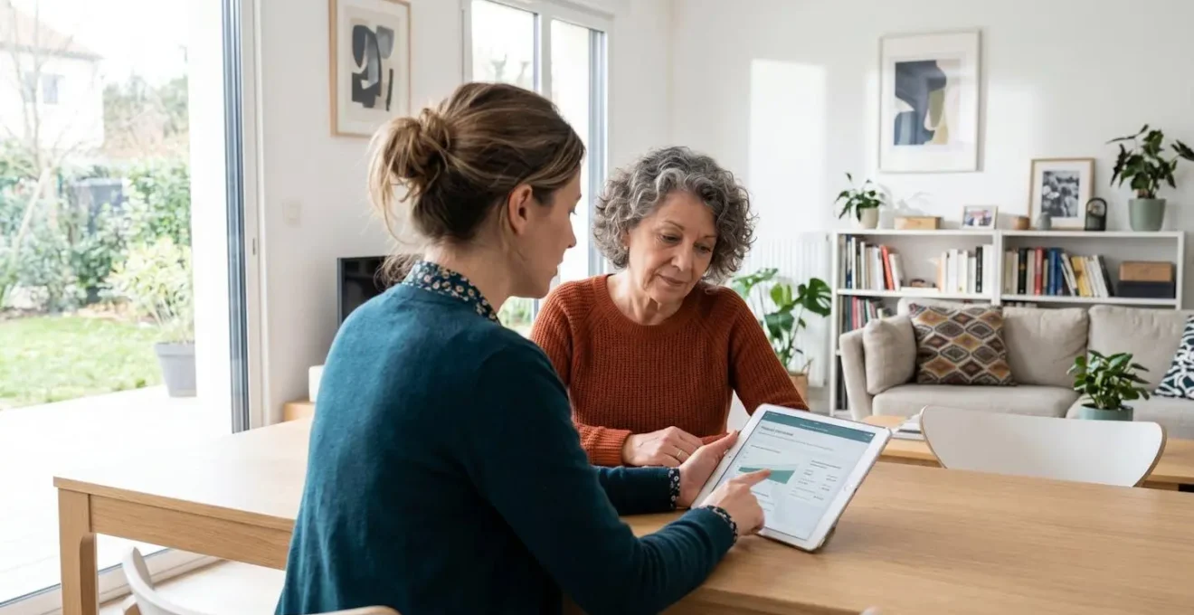 Une conseillère et une femme senior assises côte à côte consultent des documents sur une tablette dans un salon moderne lumineux