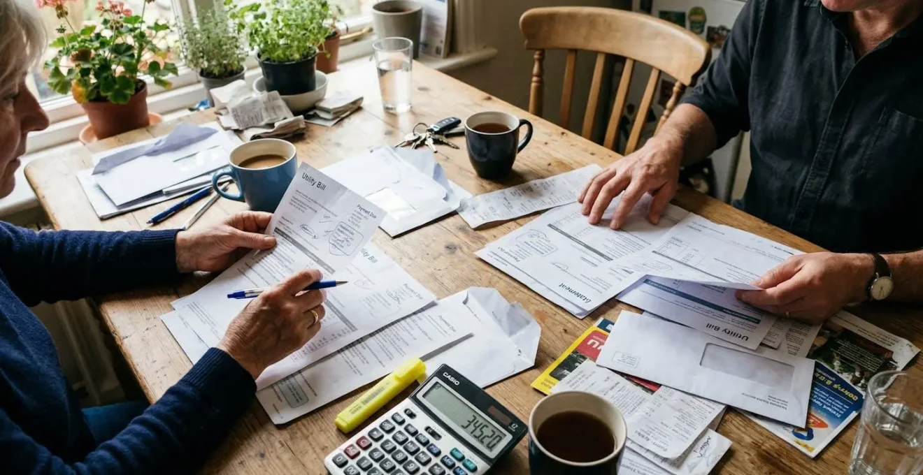 Documents administratifs et factures posés sur une table de cuisine, mains de deux personnes les consultant ensemble