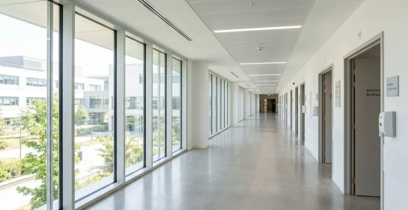 Vue en perspective d'un couloir lumineux dans un établissement de santé moderne avec de grandes fenêtres et une architecture épurée