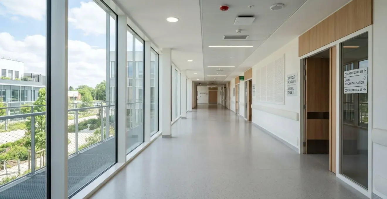 Vue en perspective d'un couloir lumineux dans un établissement de santé moderne avec de grandes fenêtres et une architecture épurée