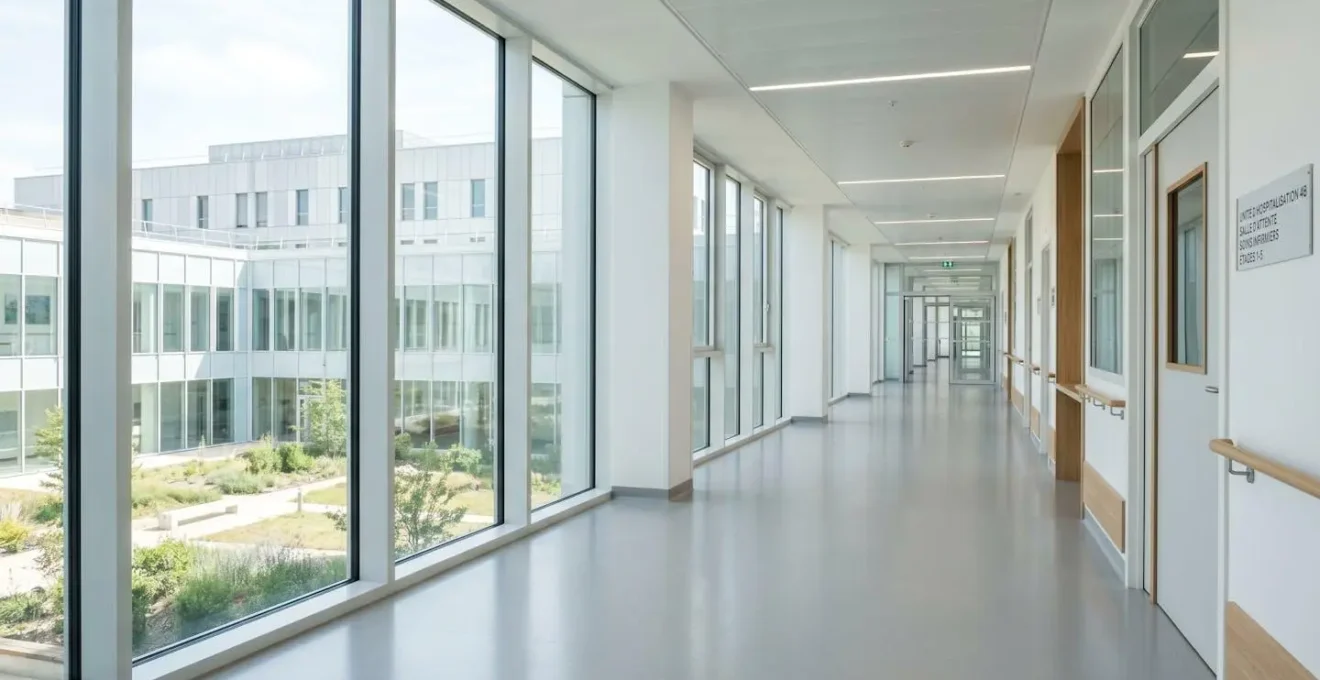Vue en perspective d'un couloir lumineux dans un établissement de santé moderne avec de grandes fenêtres et une architecture épurée