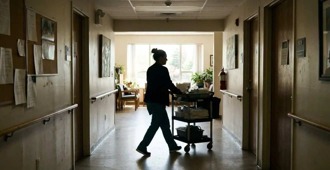 Infirmière de dos marchant dans un couloir d'EHPAD avec un chariot de soins