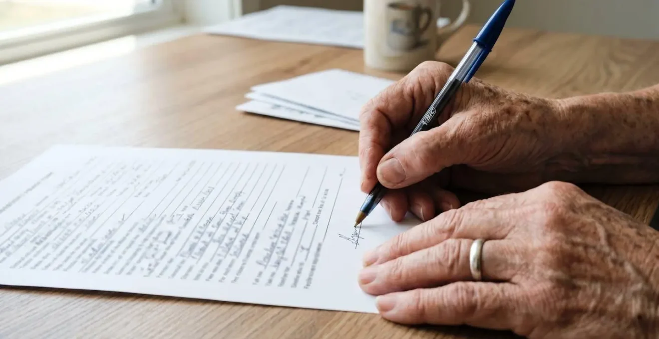 Gros plan sur les mains d'une personne âgée tenant un stylo au-dessus d'un document administratif posé sur un bureau moderne