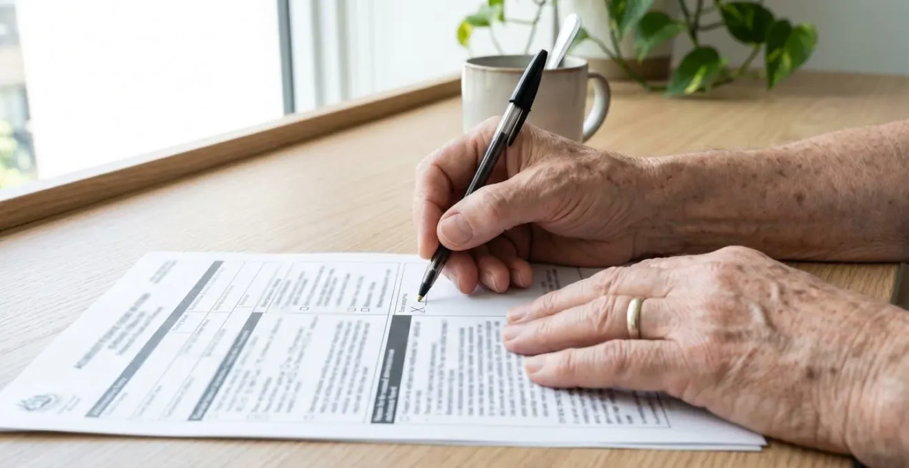 Gros plan sur les mains d'une personne âgée tenant un stylo au-dessus d'un document administratif posé sur un bureau moderne