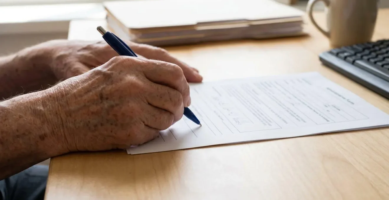 Gros plan sur les mains d'une personne âgée tenant un stylo au-dessus d'un document administratif posé sur un bureau moderne