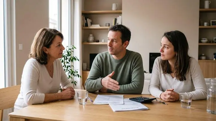 Trois membres d'une fratrie discutant autour d'une table de la répartition de l'obligation alimentaire pour financer l'EHPAD d'un parent âgé