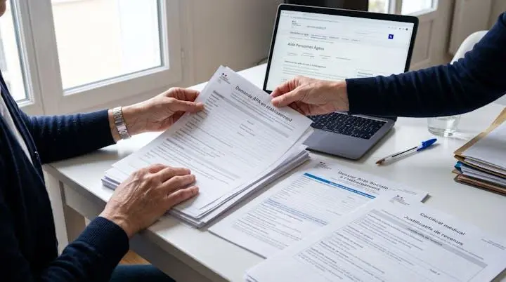 Mains organisant des formulaires de demande APA et ASH avec justificatifs de revenus, ordinateur affichant un site administratif français en arrière-plan
