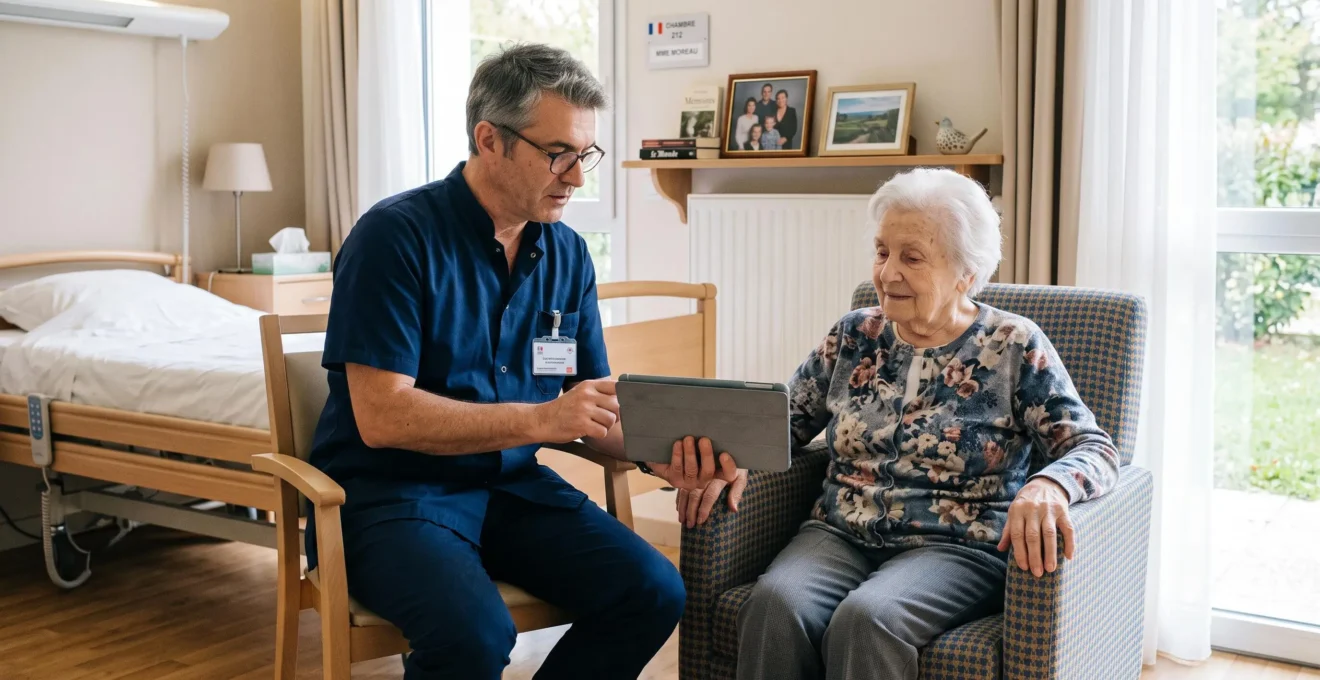Professionnel de santé réalisant une évaluation GIR auprès d'une résidente d'EHPAD dans sa chambre individuelle équipée